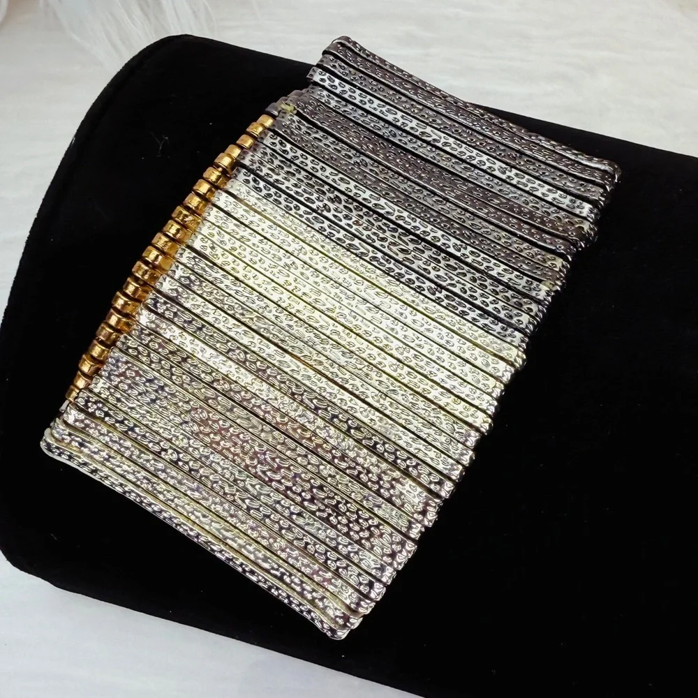 Silvertone aged Goldtone, black gunmetal wide band stretch bracelet